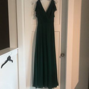 David’s Bridal floor length gown. Size 0. Juniper color. Flutter sleeve, V neck.